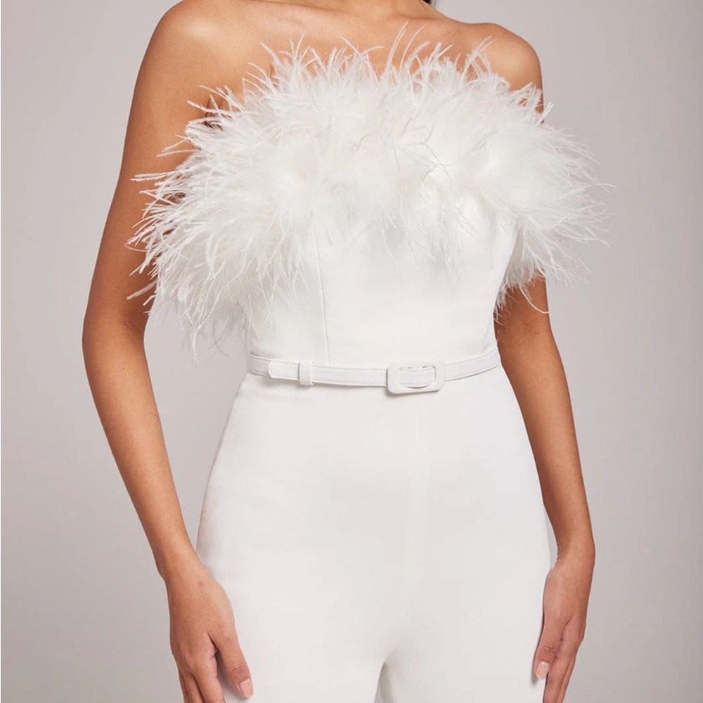 NADINE MERABI White Feather Strapless Jumpsuit - Picture 2 of 13